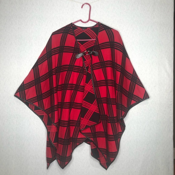 Talbots Leather Tab Country Plaid Ruana Wrap Faux Leather Trim Sz M/L Red Black - Picture 2 of 14